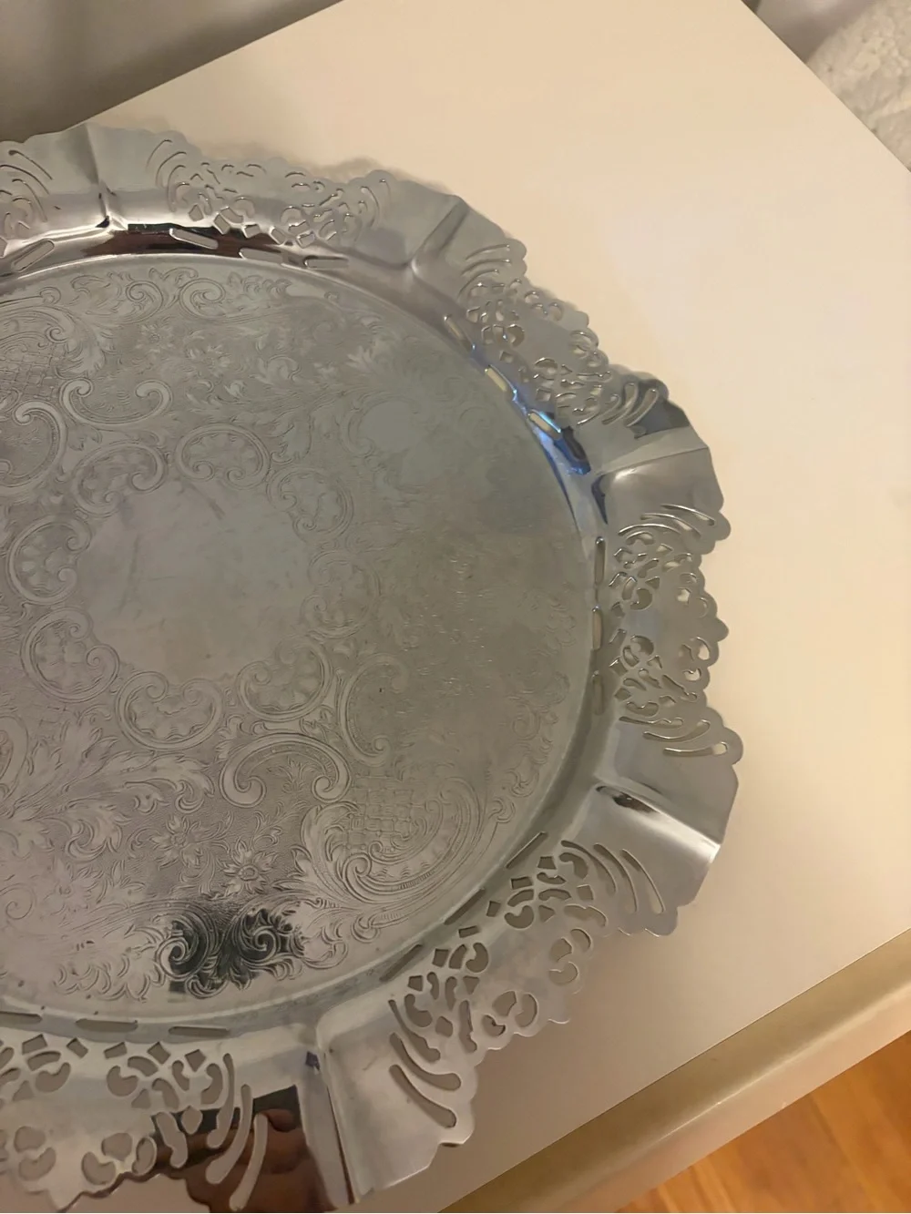 Ornate Silver-Tone Decorative Serving Tray - Filigree Edge